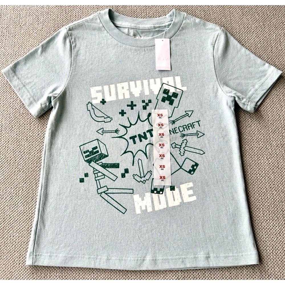 Minecraft Survival Mode TNT Boys XS 5 T Shirt NWT 2025 Green Blue Graphic Tee